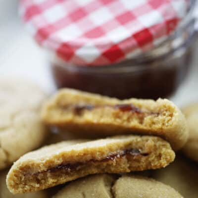 Peanut butter and jelly cookies filled with strawberry jelly.