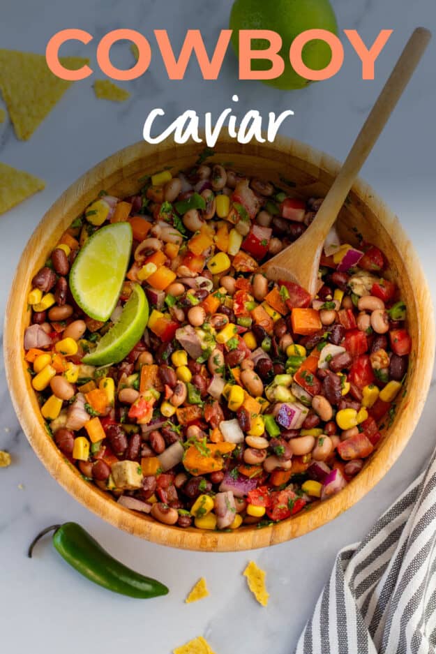 Cowboy caviar recipe in wooden bowl.