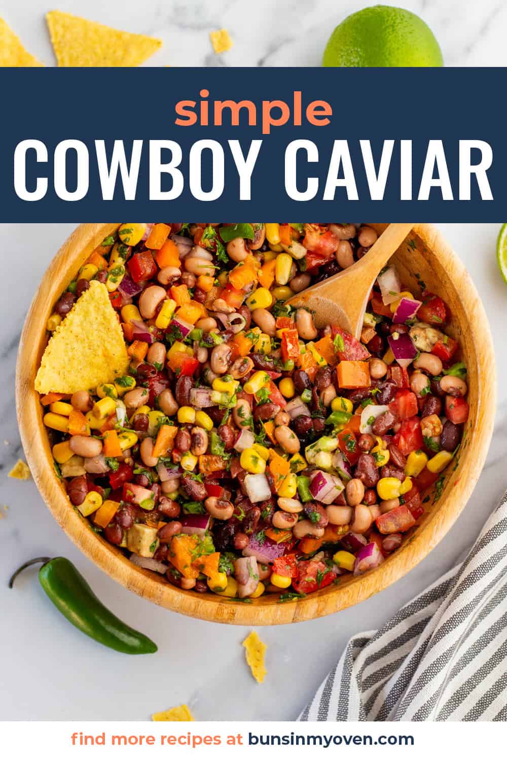 Bowl full of cowboy caviar with text for PInterest.