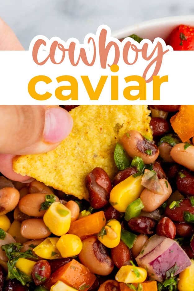 Cowboy caviar on tortilla chip.