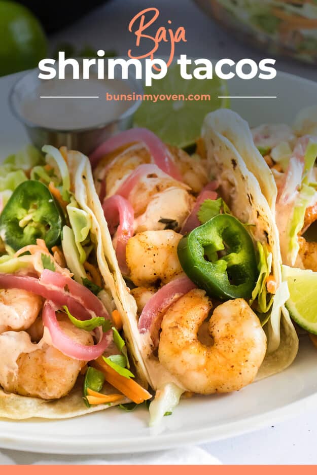 Close up photo of Baja shrimp tacos.