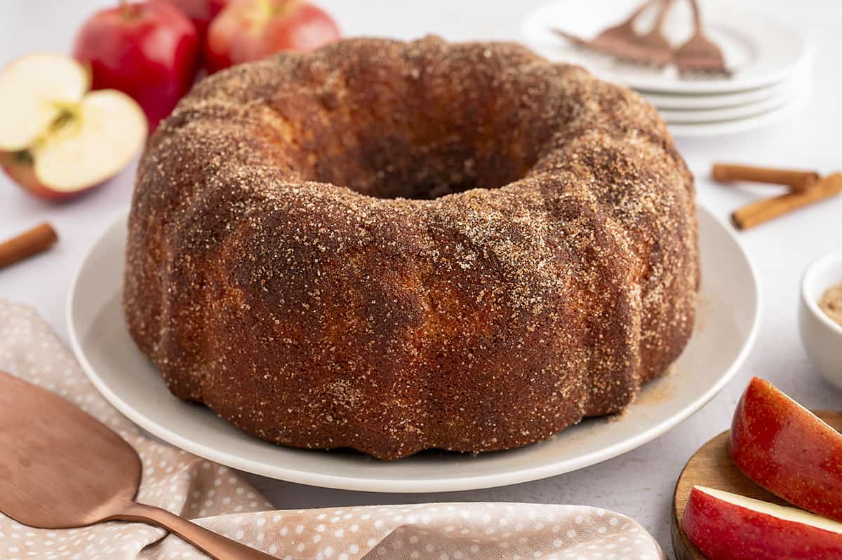 Donut cake on white plate.