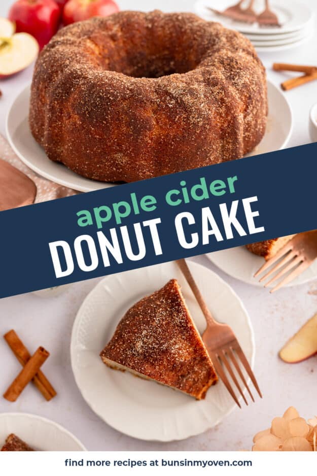Collage of apple cider donut cake images.