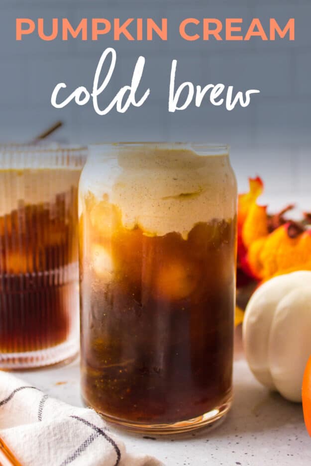 Cold brew in glass topped with pumpkin cold foam.
