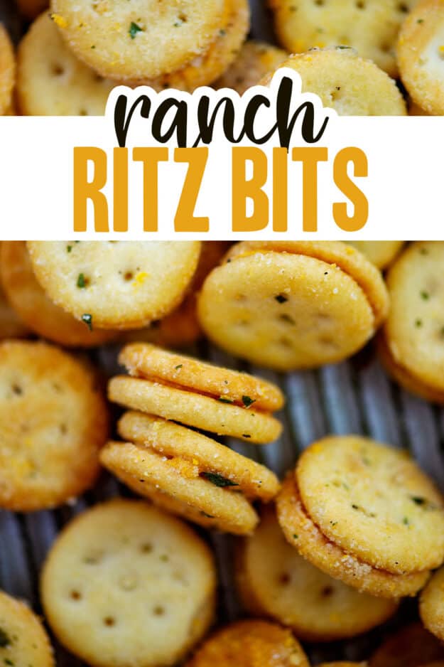Ritz bits coated with ranch seasoning on baking sheet.