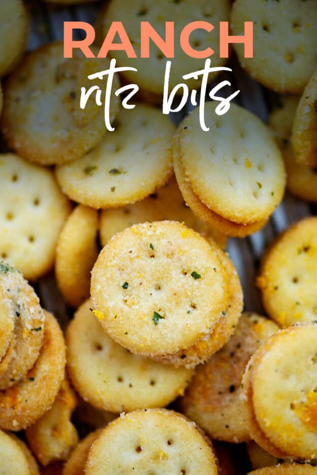 Ranch ritz bits piled together with text for Pinterest.