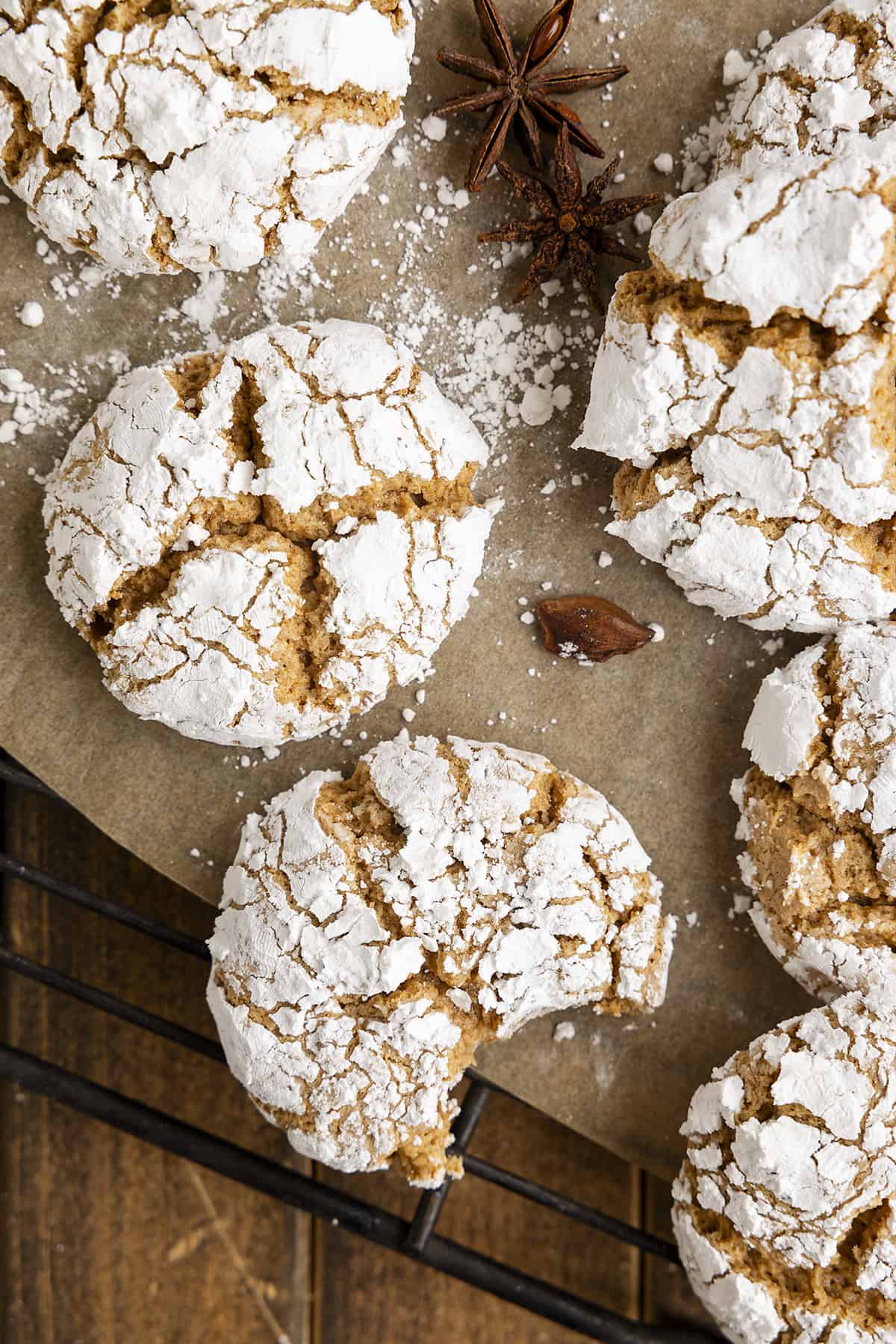 Overhead view of a cool whip cookie with a bite taken out.