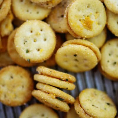 Ranch ritz bits piled on baking sheet.