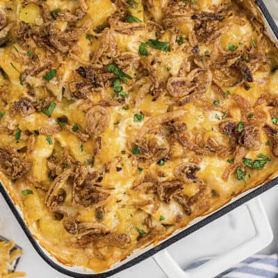 Chicken casserole in white baking dish.