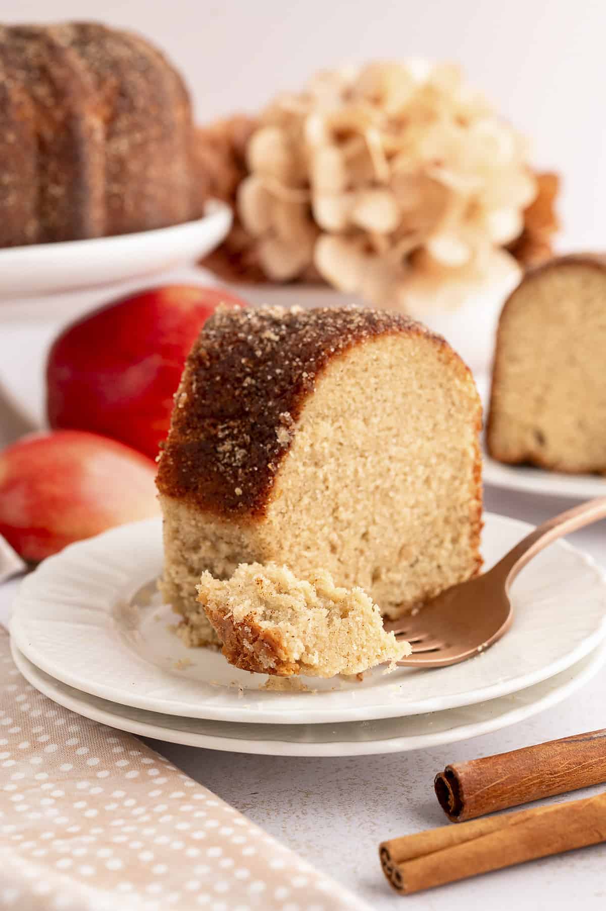 Slice of apple cider cake on white plate with fork.