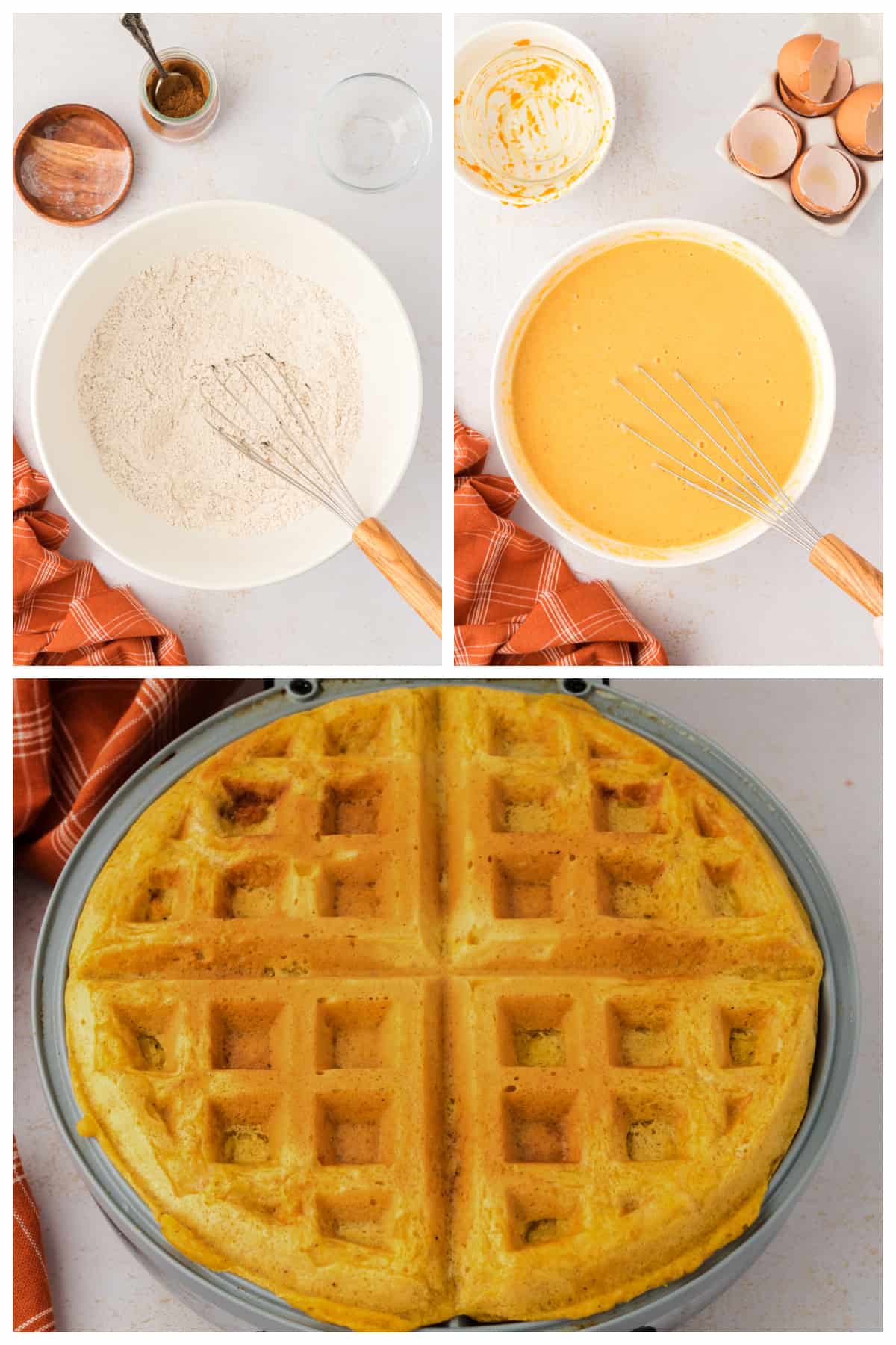 Collage showing how to make pumpkin waffles.