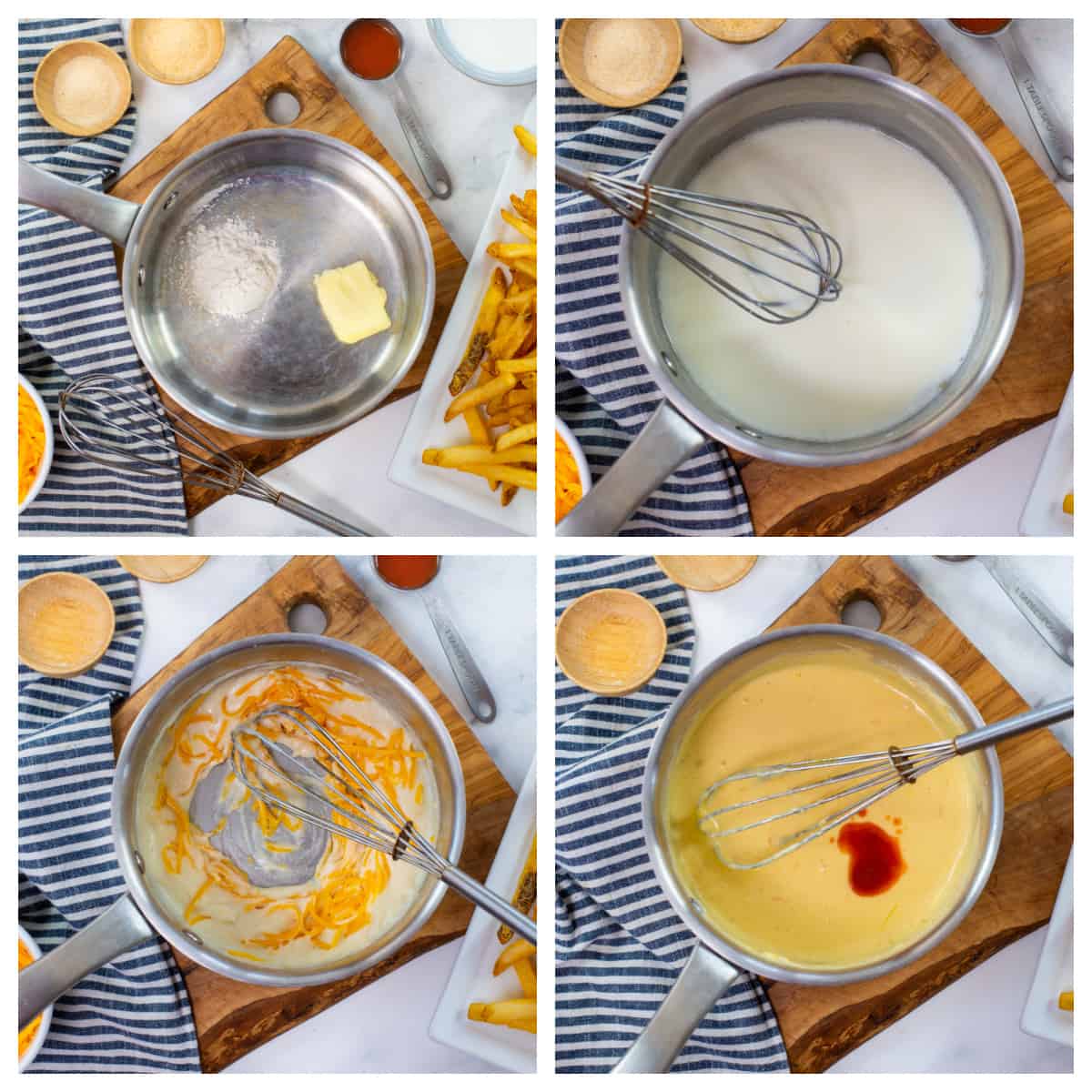 Collage showing how to make cheese sauce recipe.