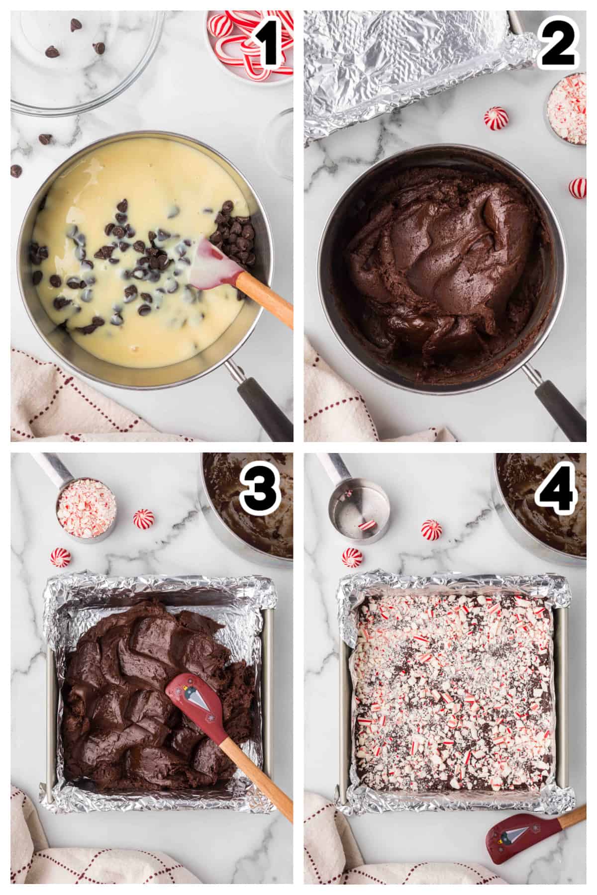 Collage showing how to make peppermint fudge.