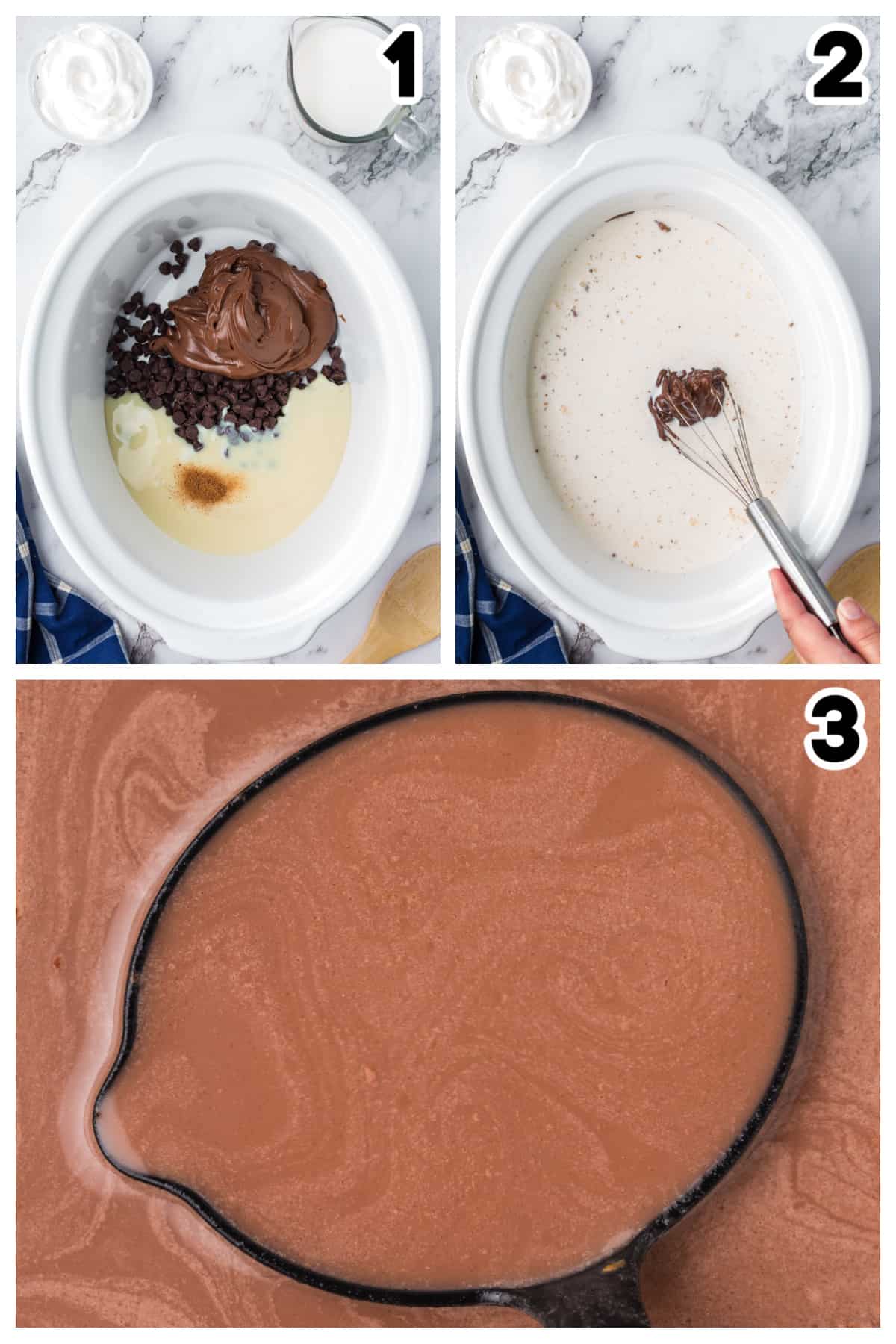 Collage showing how to make Nutella hot chocolate in a crockpot.