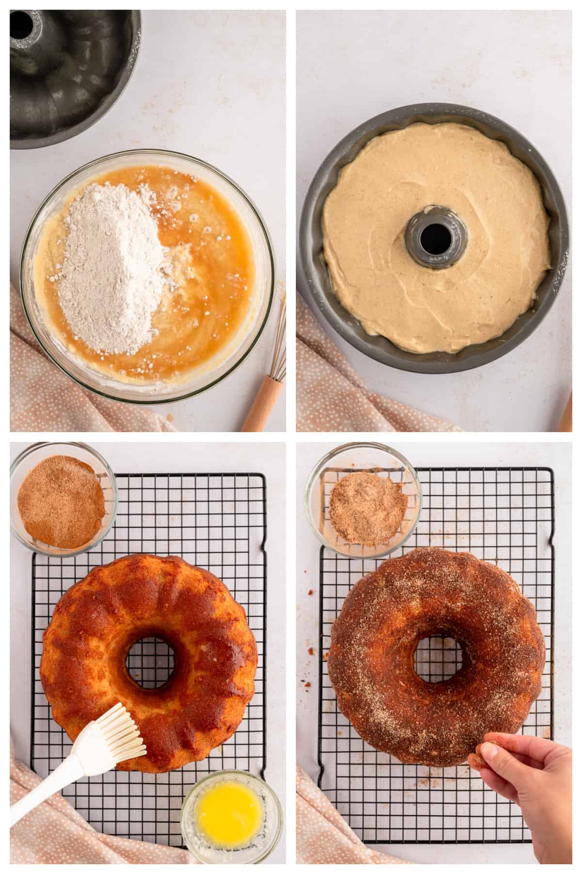 Collage showing how to make apple cider bundt cake.