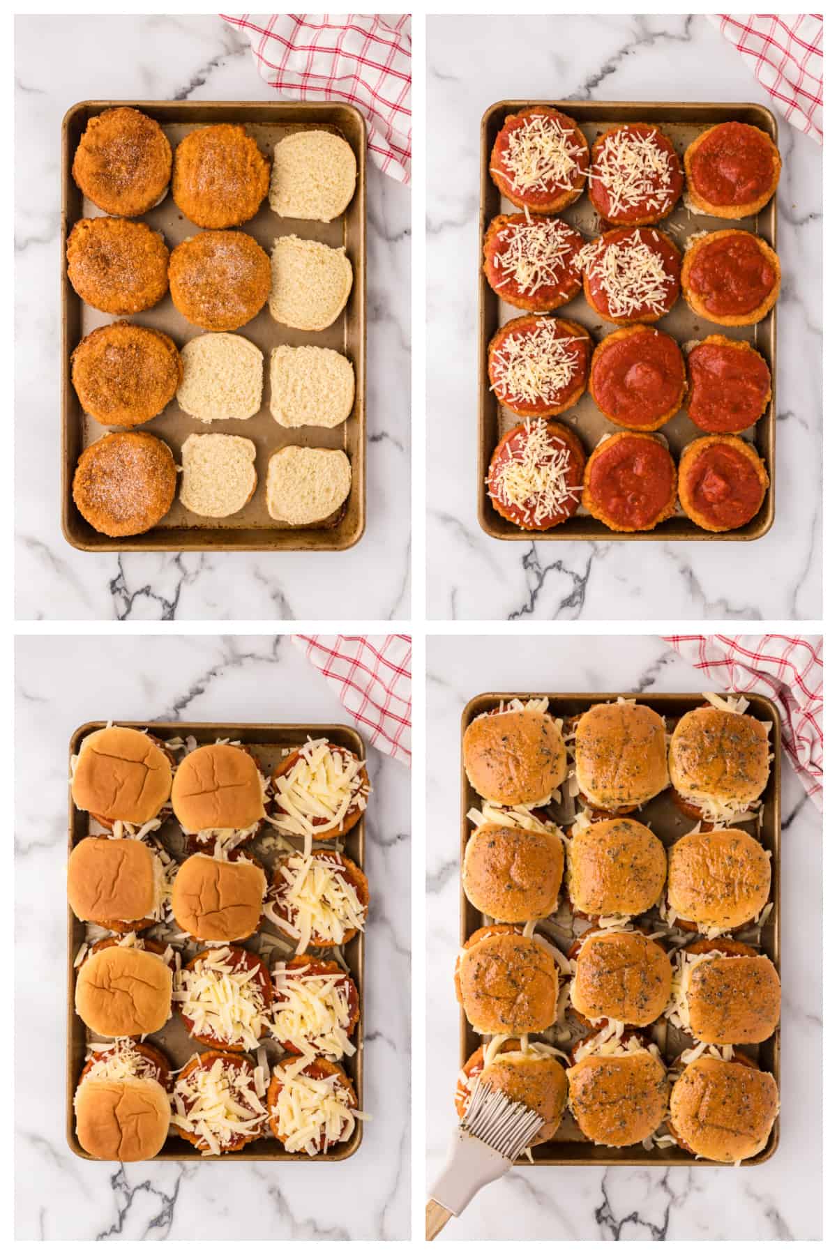 Collage showing how to make chicken parmesan sliders.