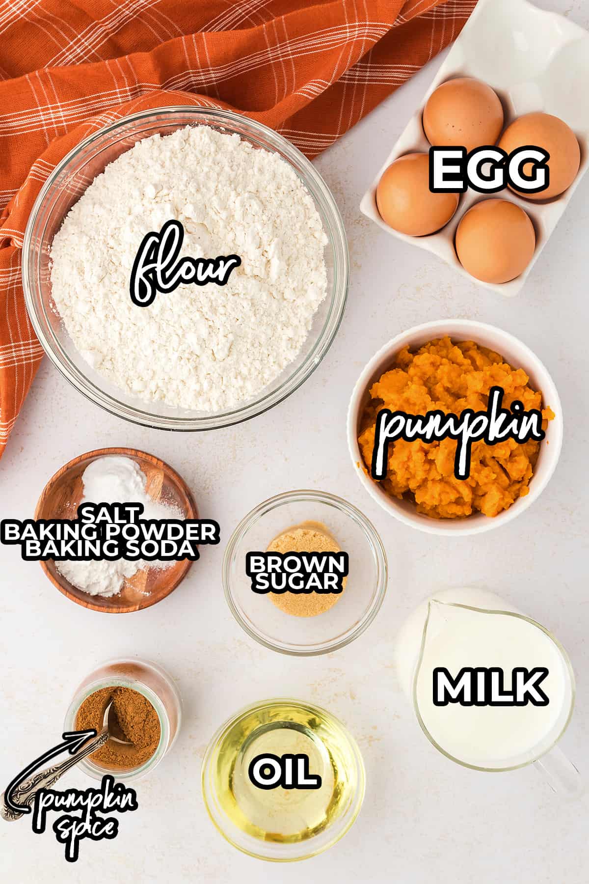 Ingredients for pumpkin waffle recipe.