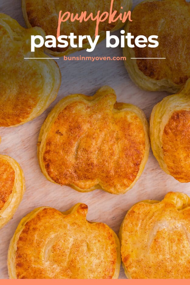 Pumpkin puff pastry on sheet pan with text for pinterest.