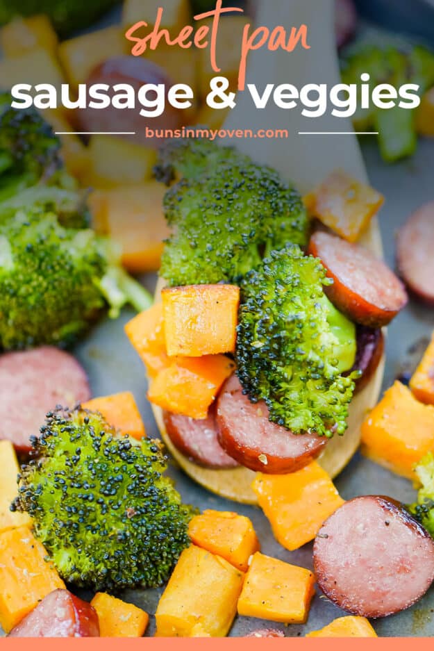 Sausage and vegetables on sheet pan.