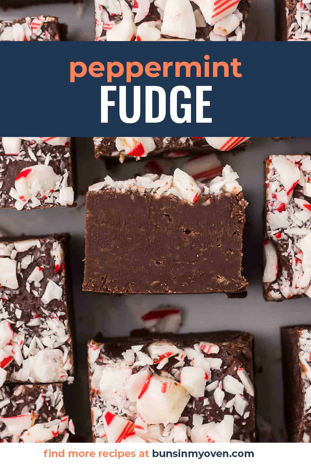 Pieces of peppermint fudge arranged on counter.