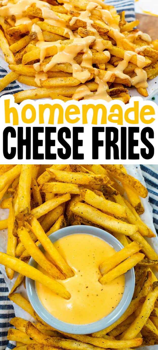 Collage of cheese fries images.