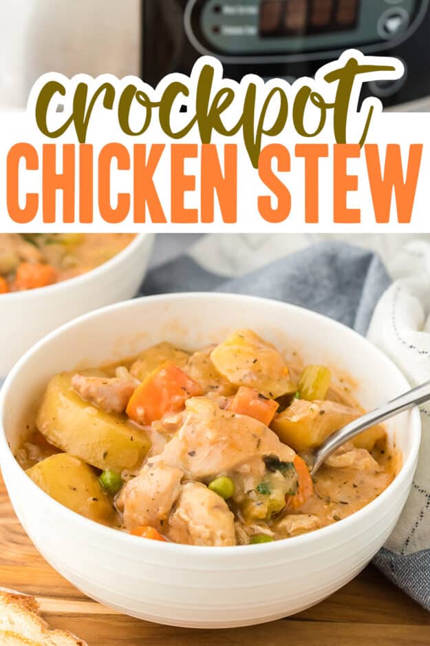 White bowl filled with chicken stew recipe.