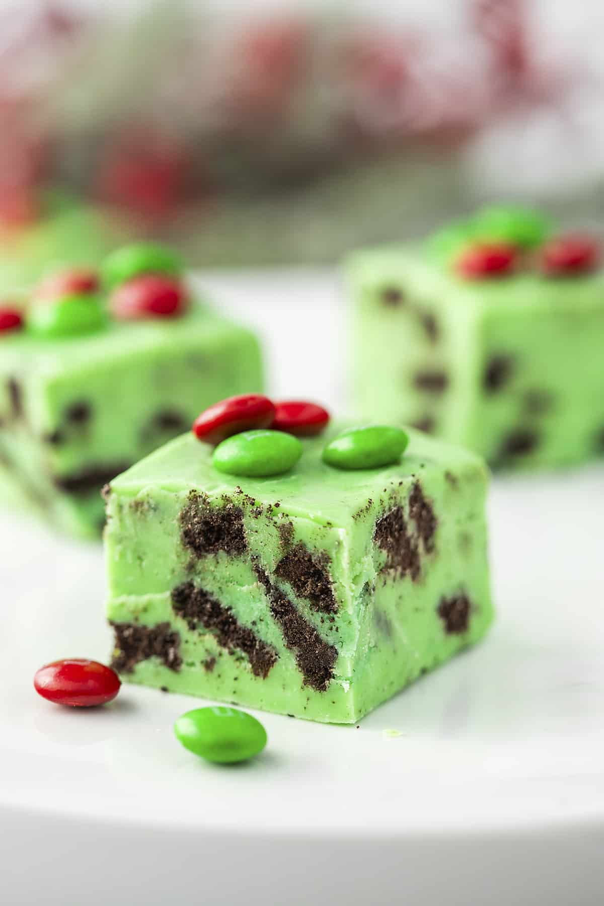 Piece of mint fudge on platter.