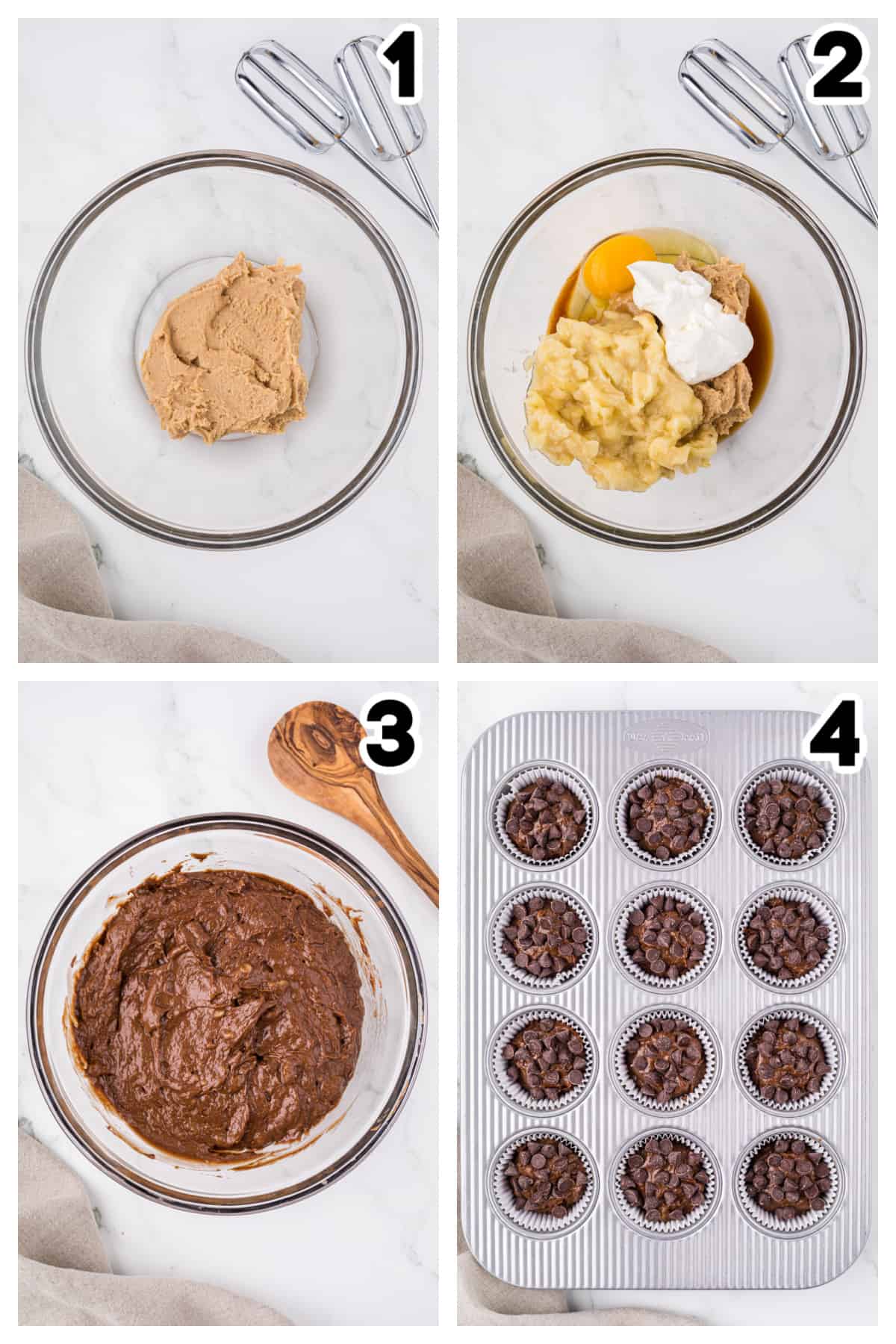 Collage showing how to make chocolate banana muffins.