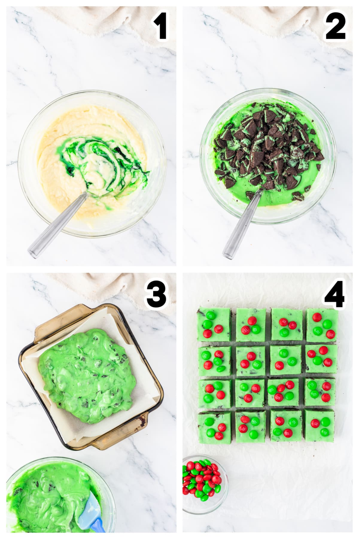 Collage showing how to make mint Oreo fudge.