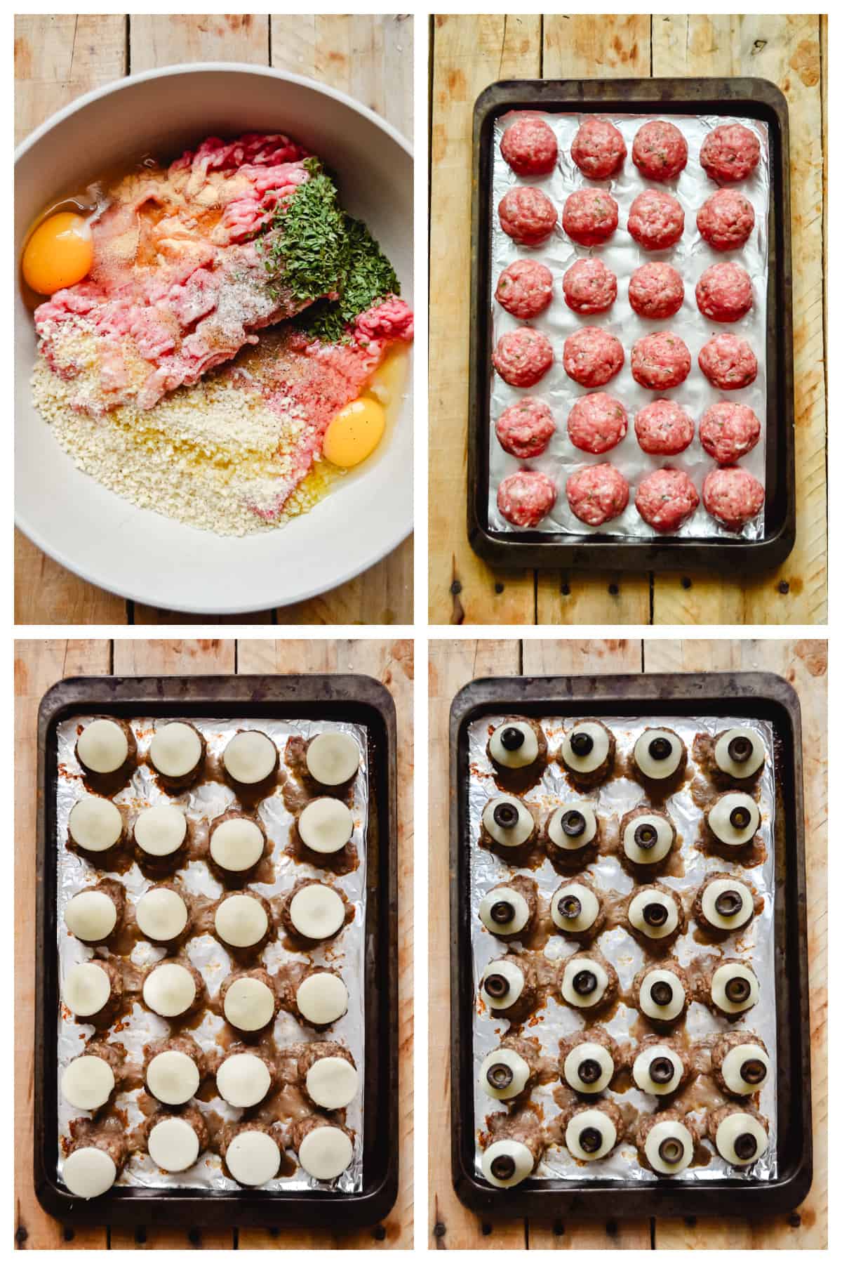 Collage showing how to make eyeball meatballs.