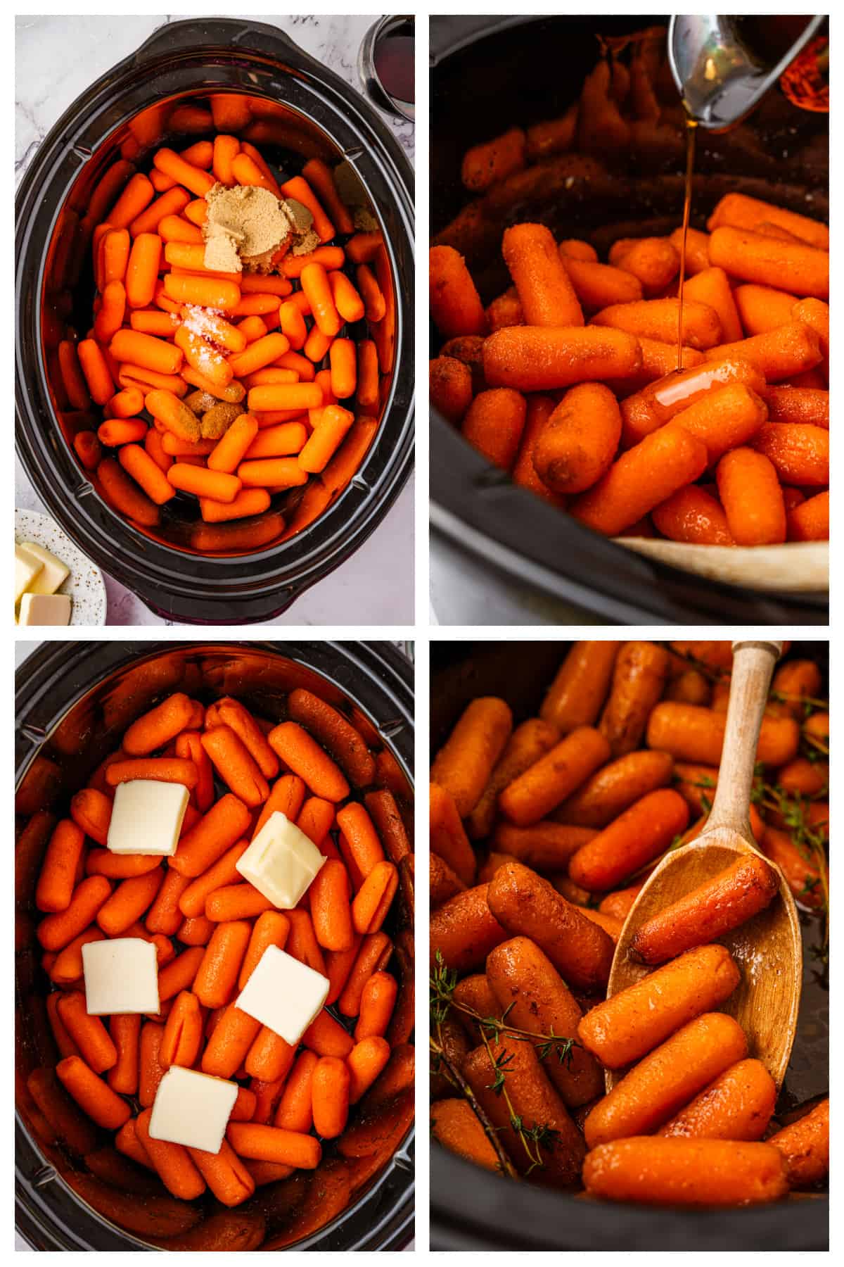 Collage showing how to make crockpot carrots.