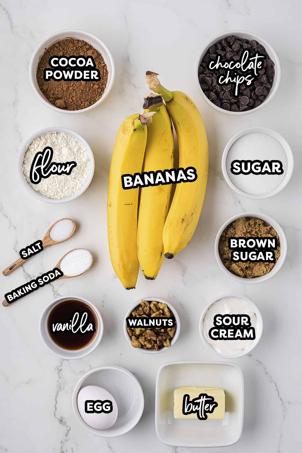 Ingredients for chocolate banana muffin recipe.
