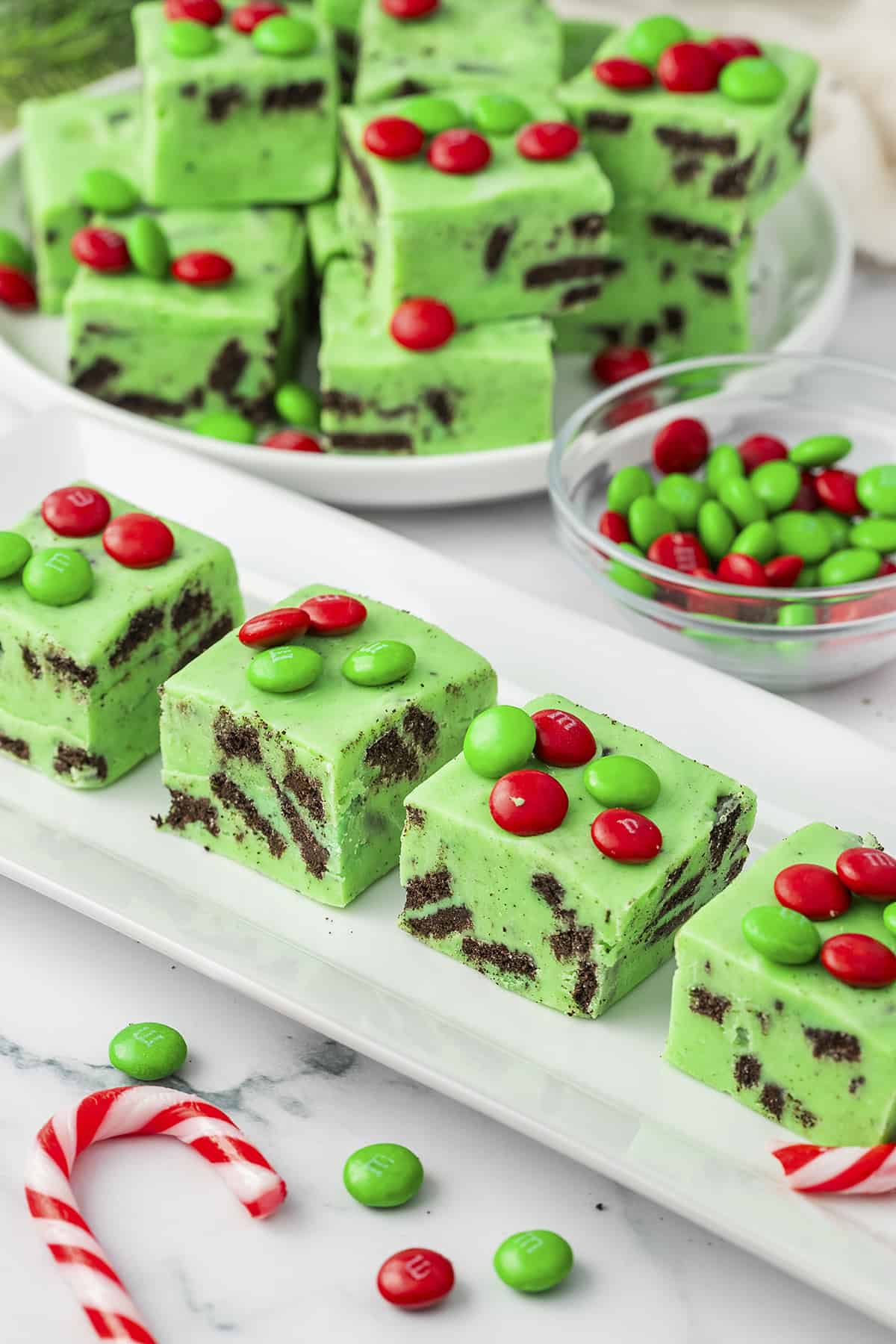 Slices of fudge on white tray.