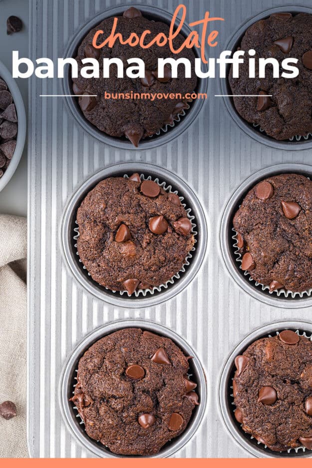 Chocolate banana muffins in muffin tin.