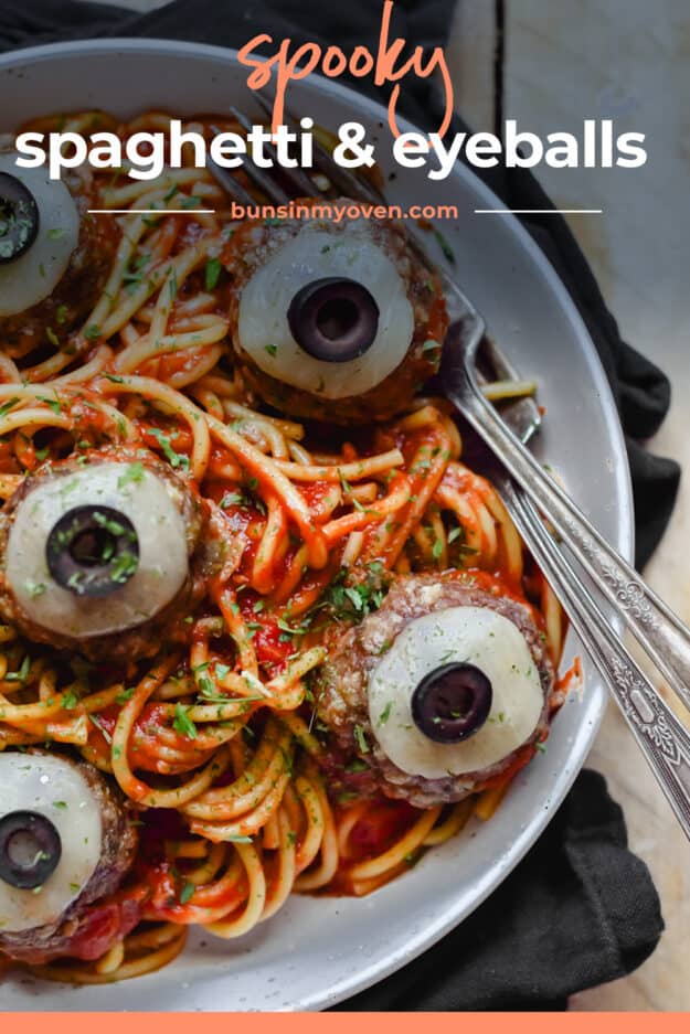 Plate full of spaghetti and eyeball meatballs.