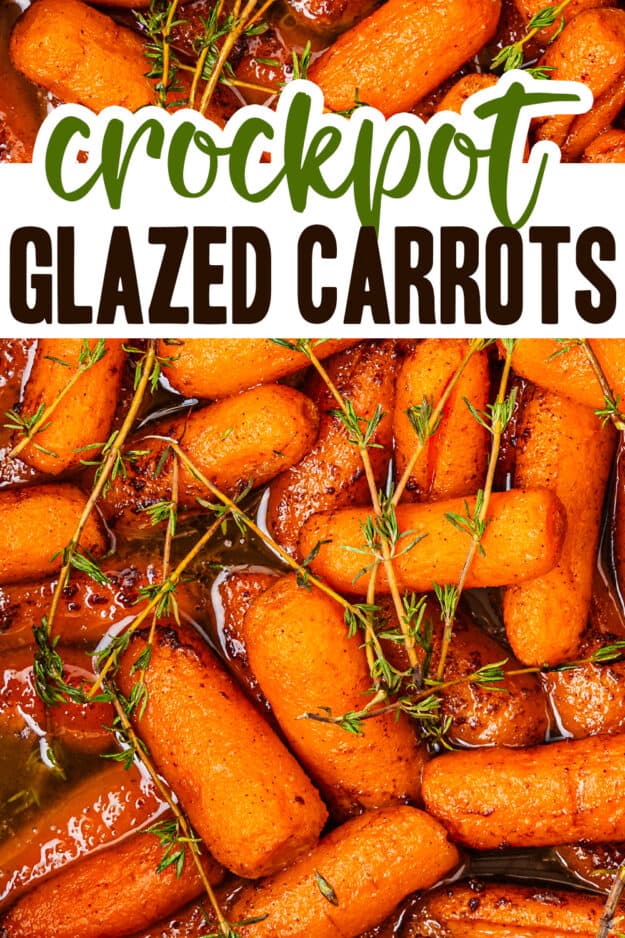 Close up of cooked carrots in sweet glaze with herbs.