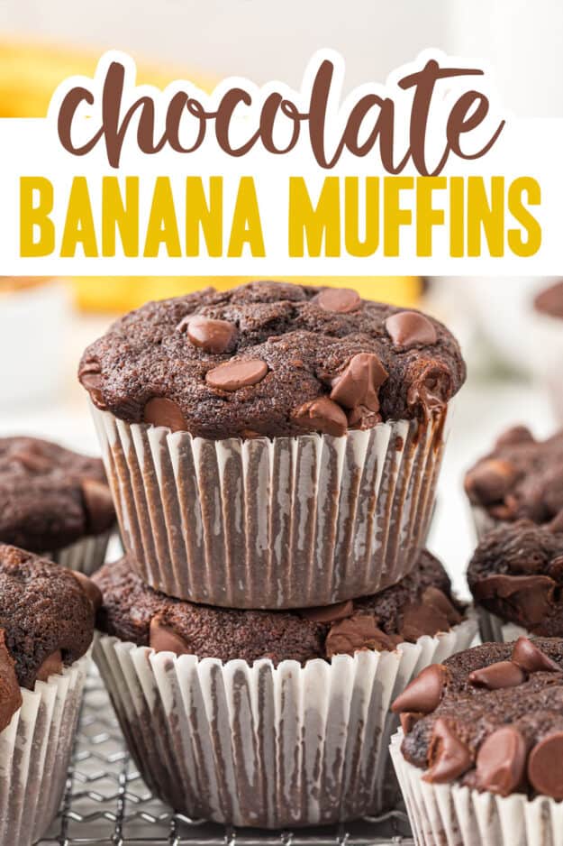 Stack of banana chocolate muffins.