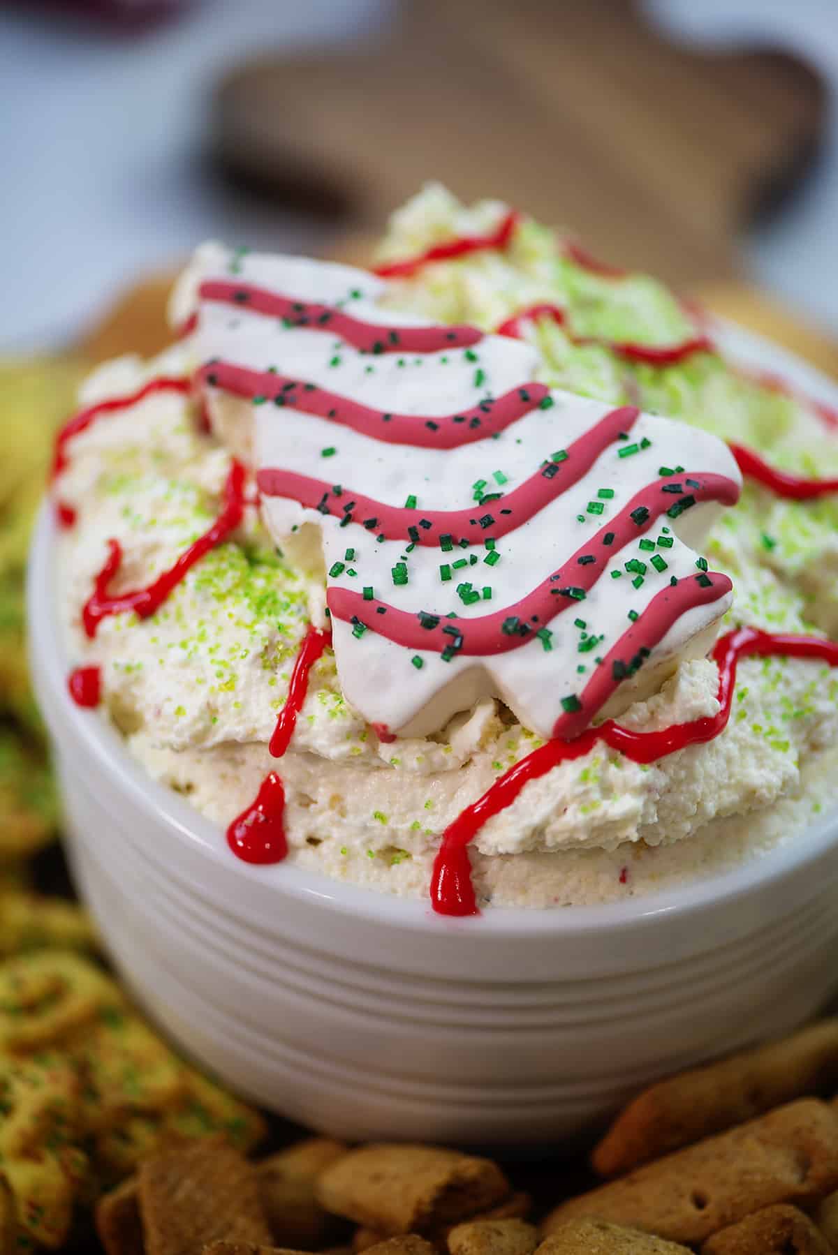 Bowl full of Christmas tree dip.