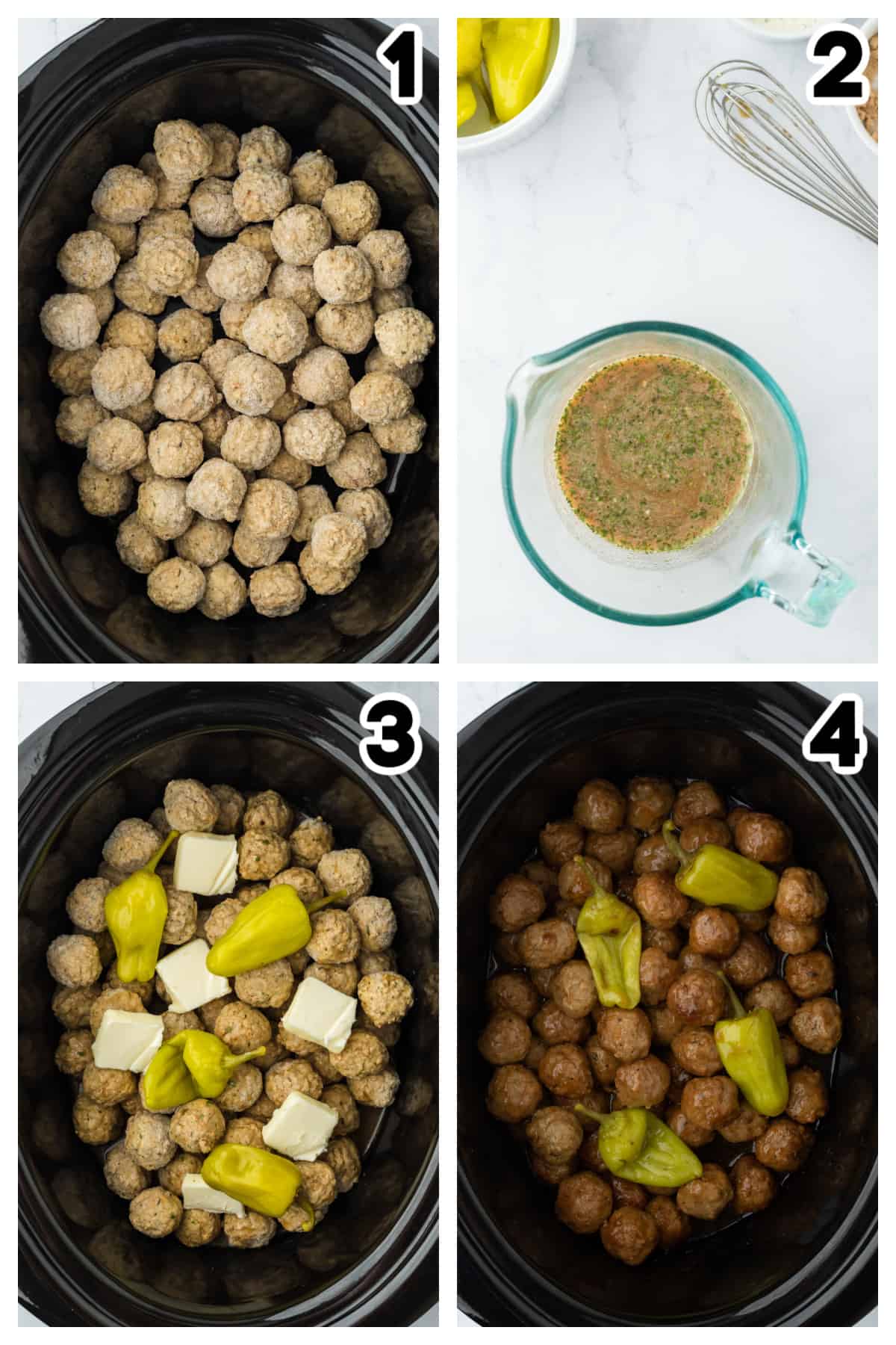 Collage showing how to make crockpot meatball recipe.