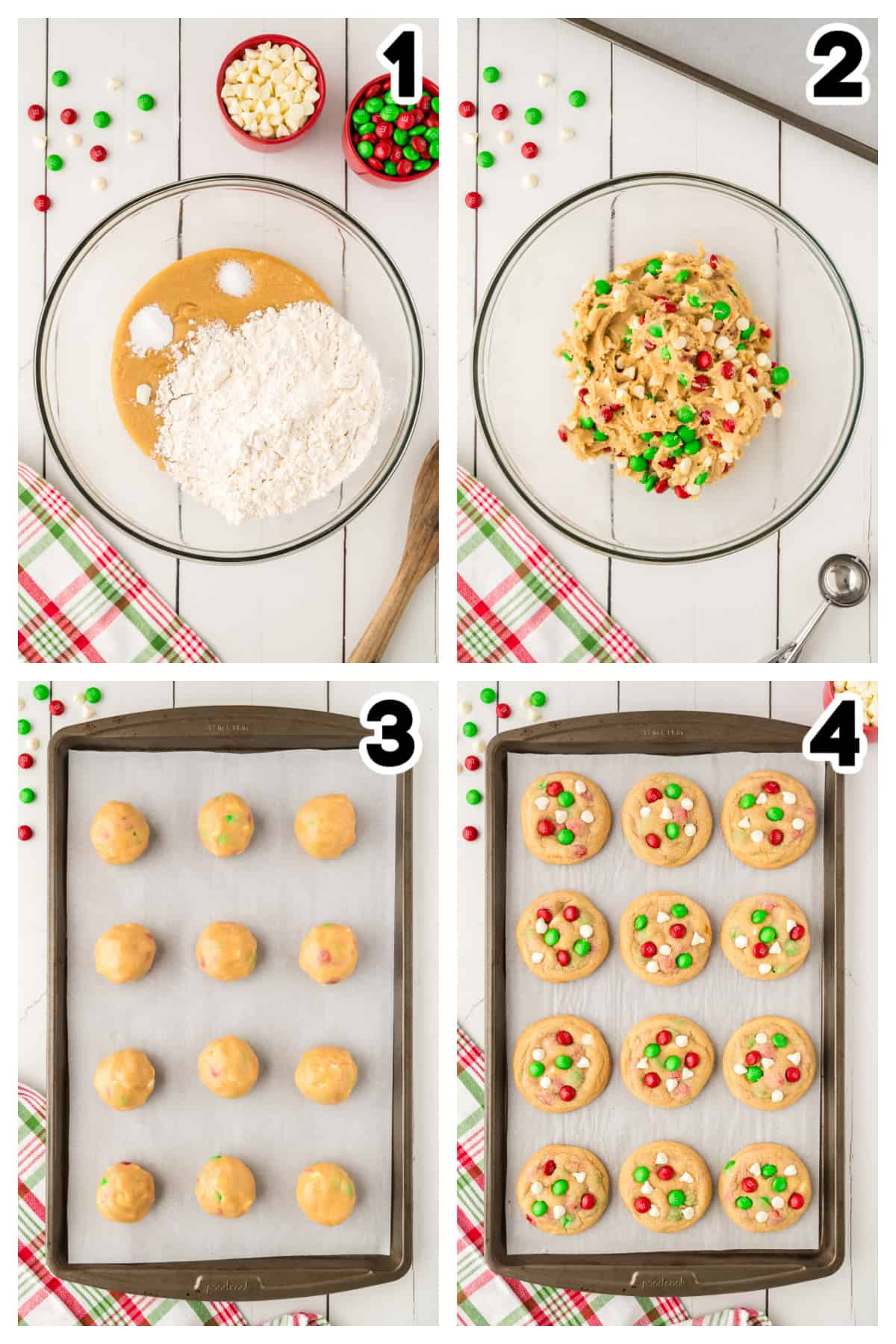 Collage showing how to make m&m christmas cookie recipe.