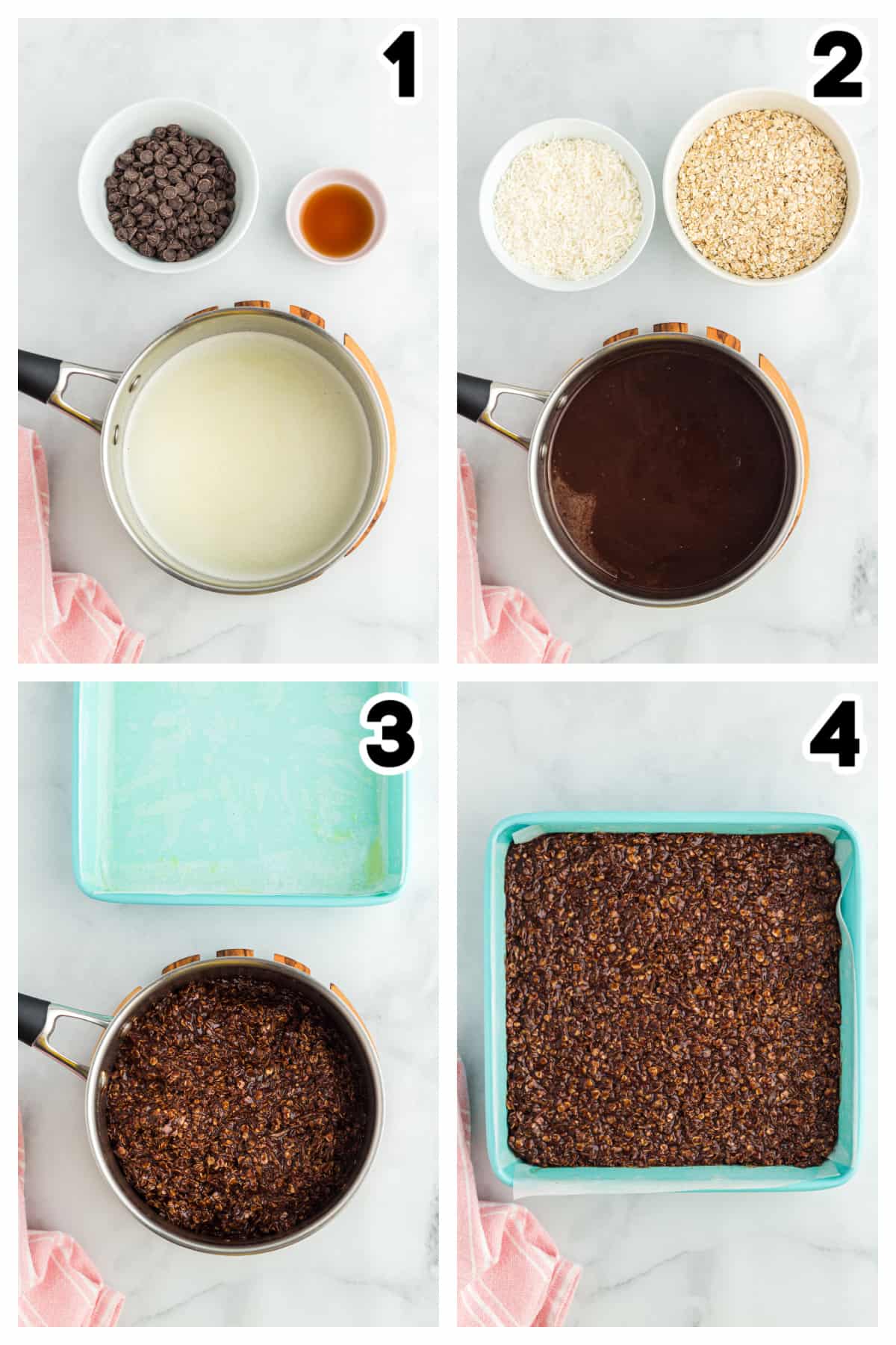 Collage showing how to make chocolate coconut bars.