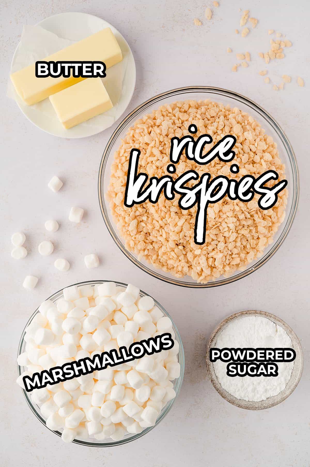 Ingredients for brown butter rice krispies treats.