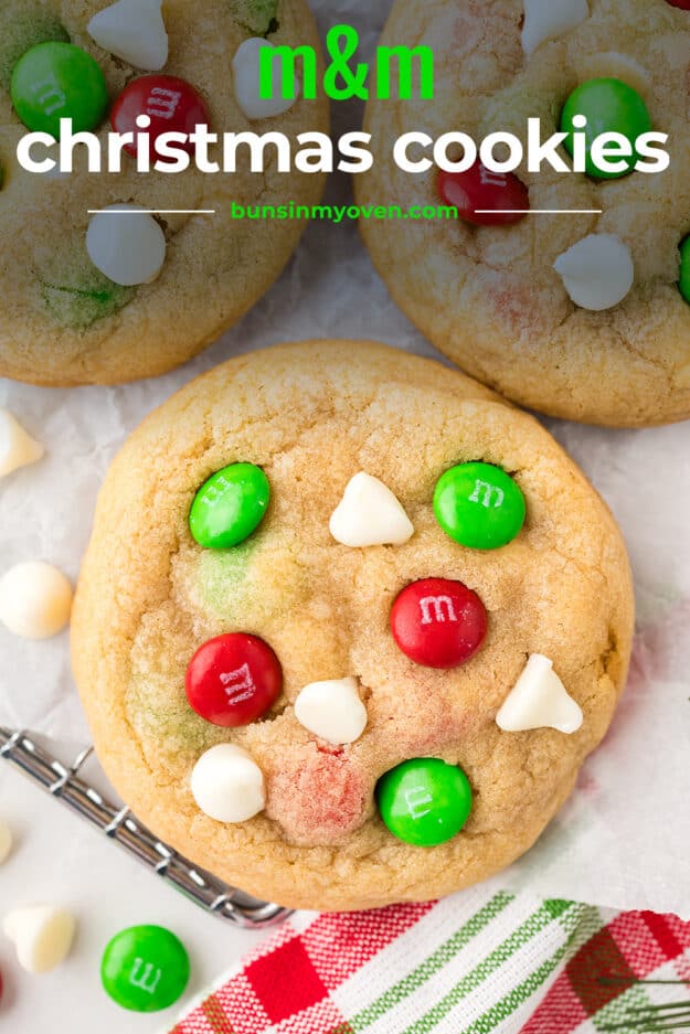 M&M Christmas cookie on parchment.