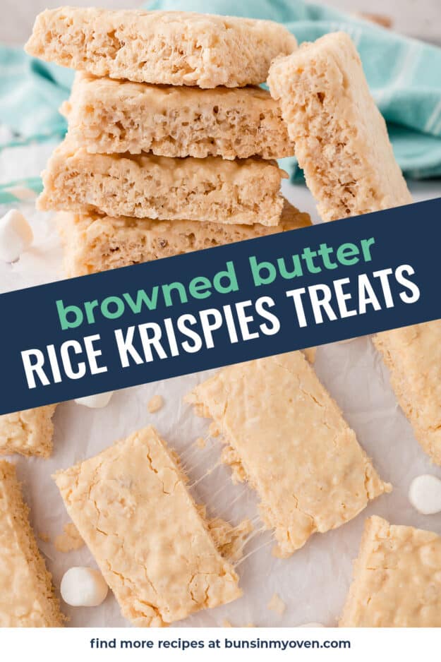 Collage of brown butter rice krispie treat images.