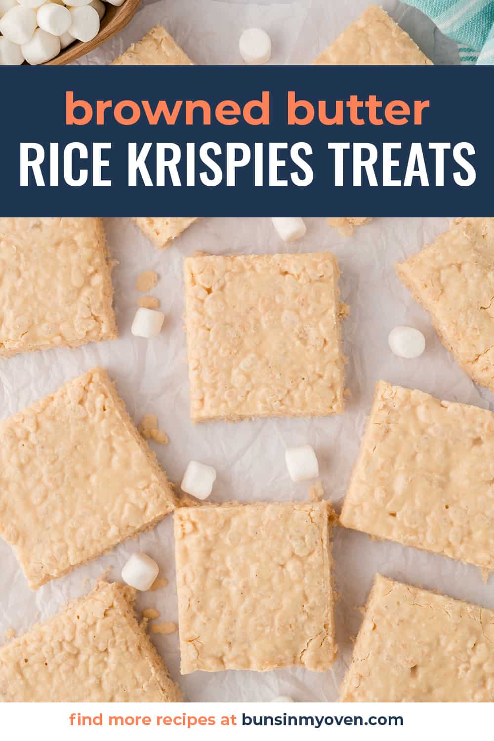 Overhead view of brown butter rice krispie treats on counter.