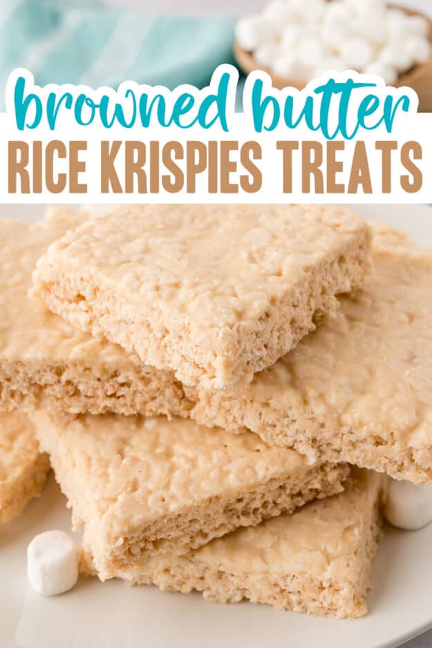 Stack of rice krispie treats topped with a brown butter glaze.