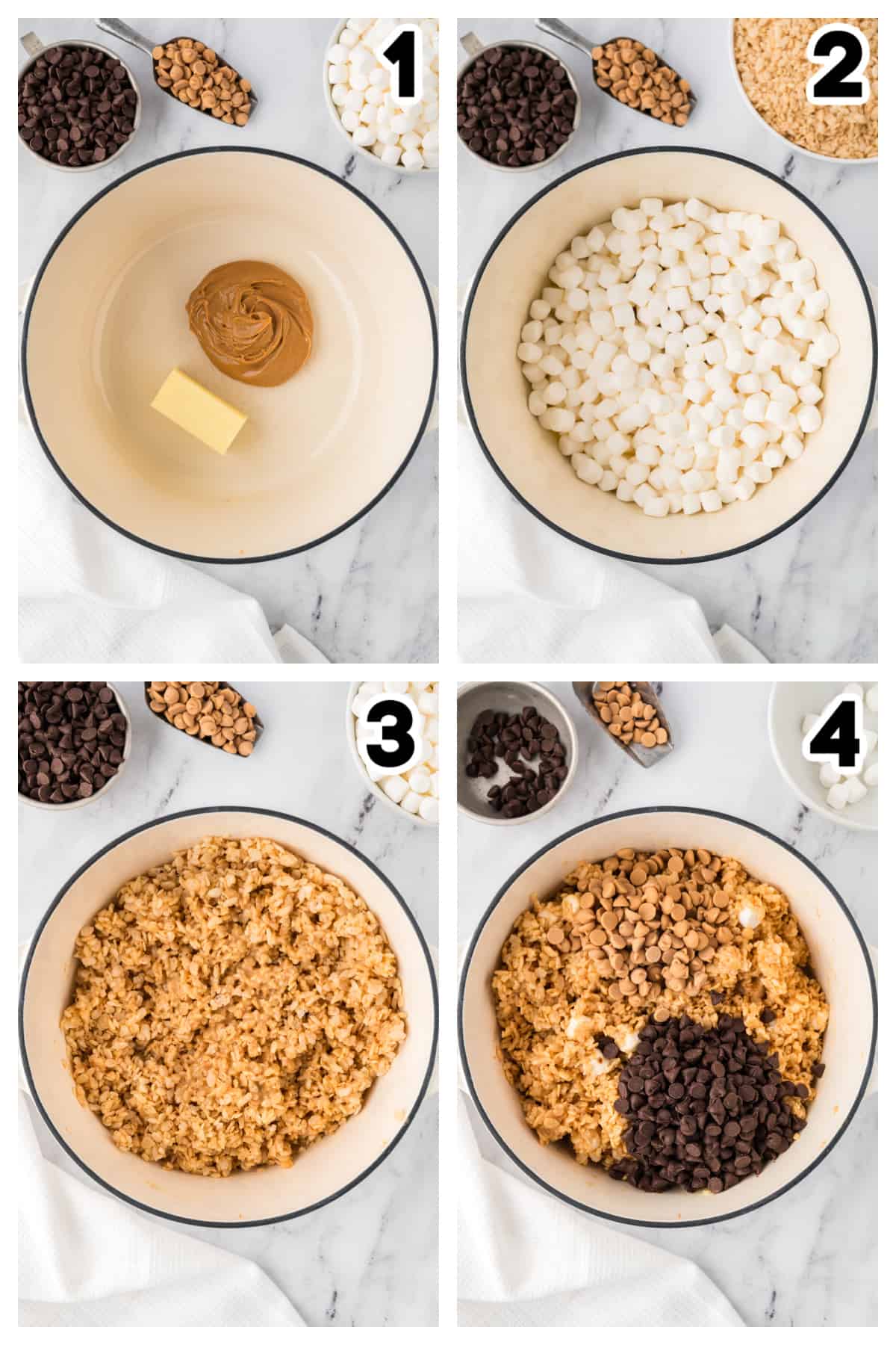 Collage showing how to make rice krispie treats with chocolate and peanut butter.