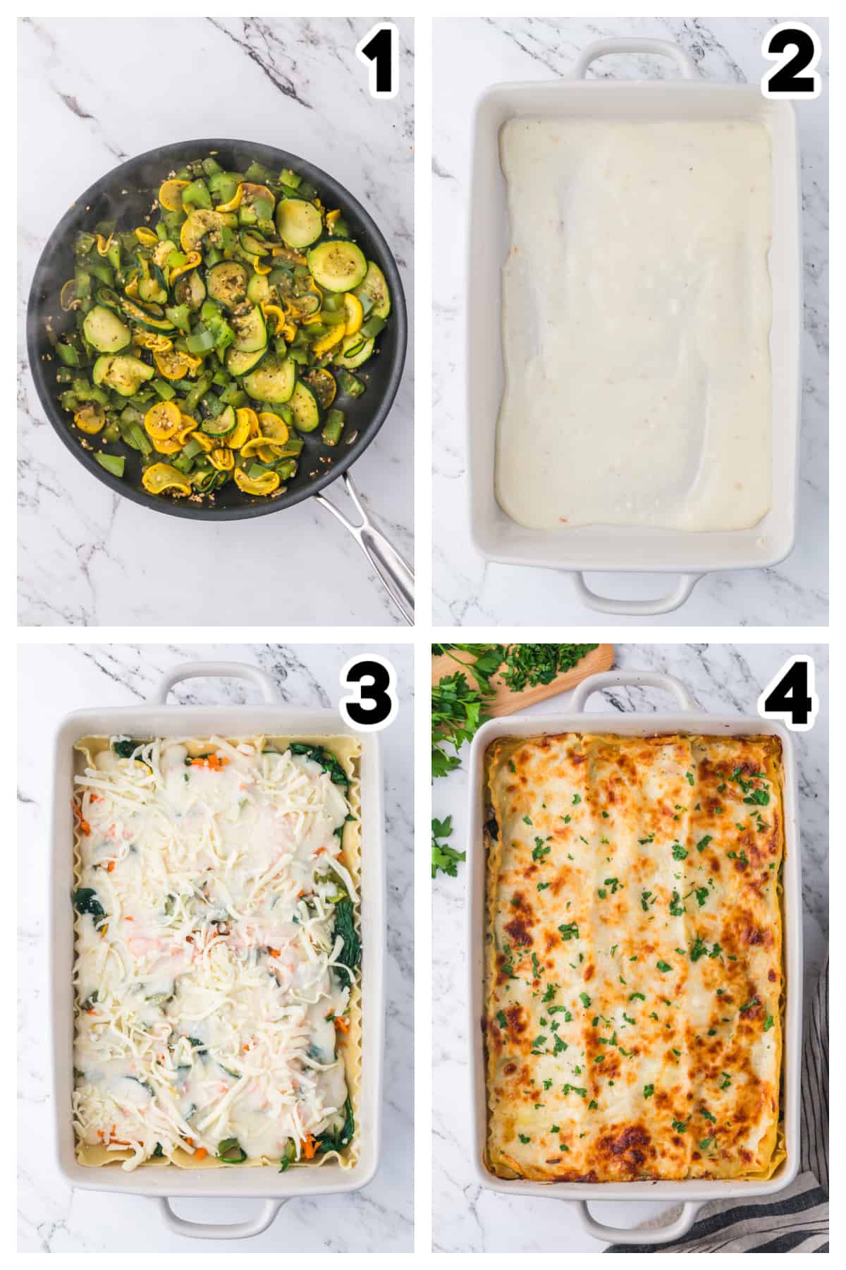 Collage showing how to make vegetable lasagna.