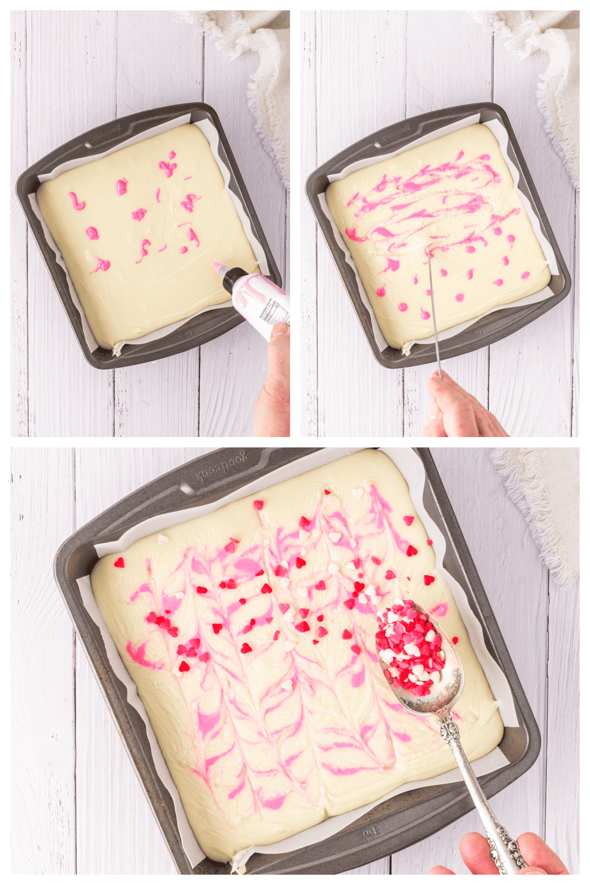 Collage showing how to decorate white chocolate fudge for Valentine's Day.