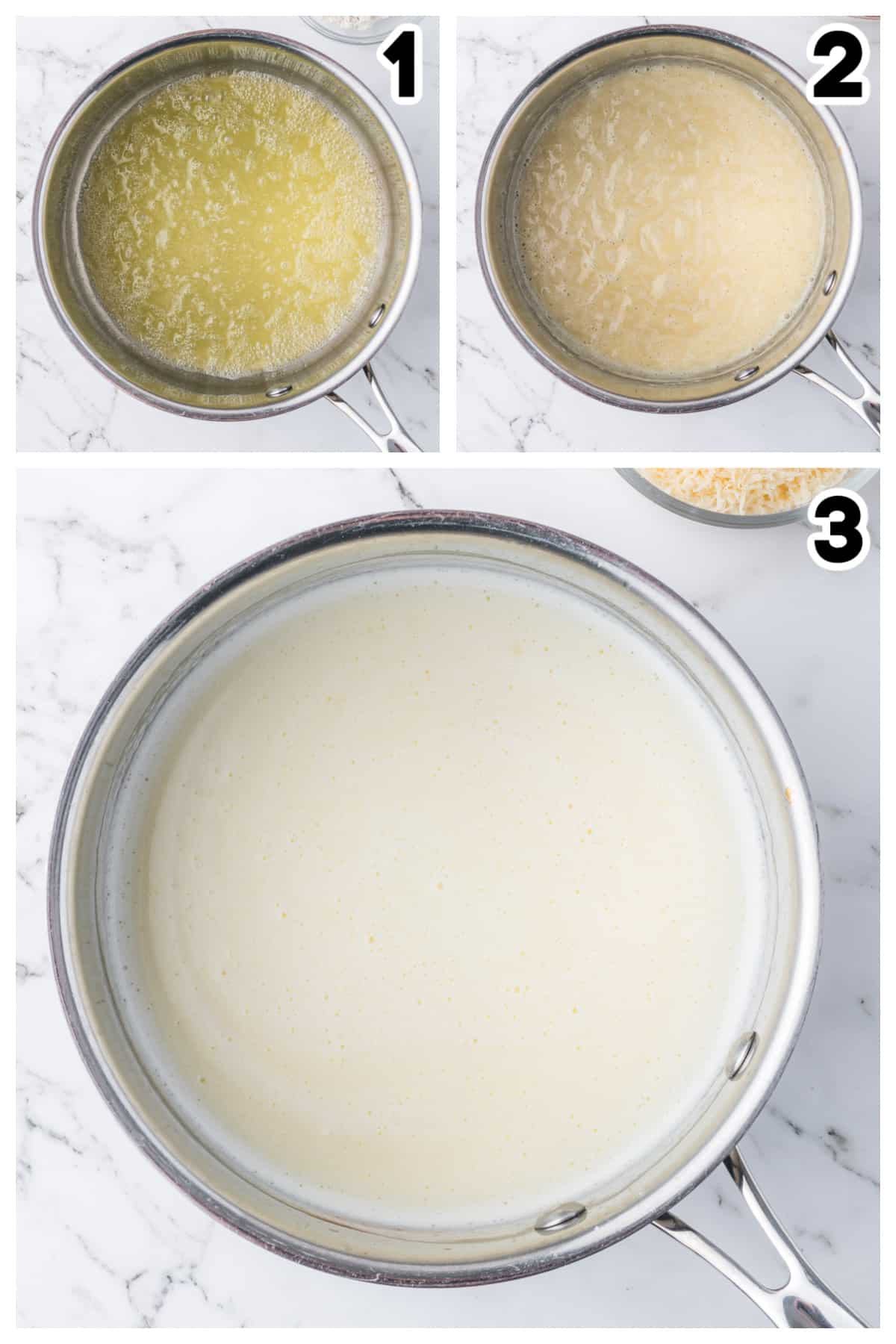 Collage showing how to make a white sauce for lasagna.